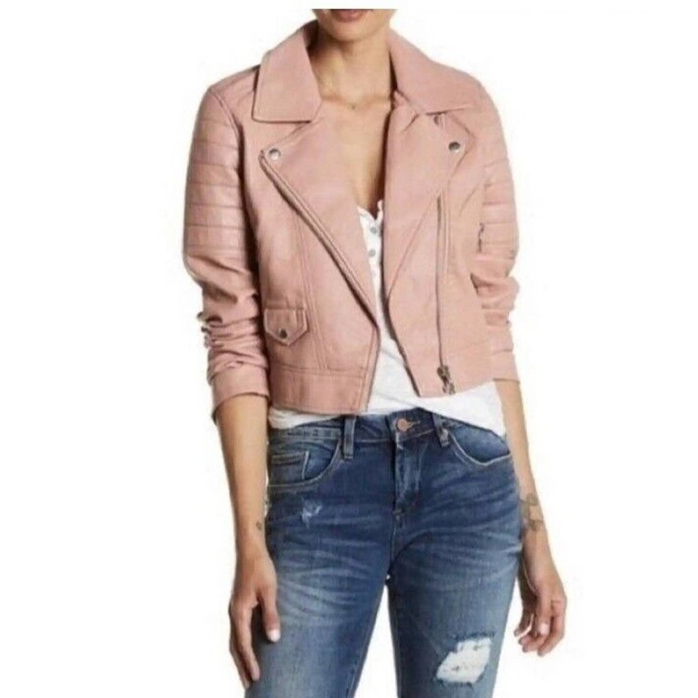 BLANKNYC Women's Pretty In PinkFuax Leather Long Sleeve‎ Crop Moto Jacket Sz XS
